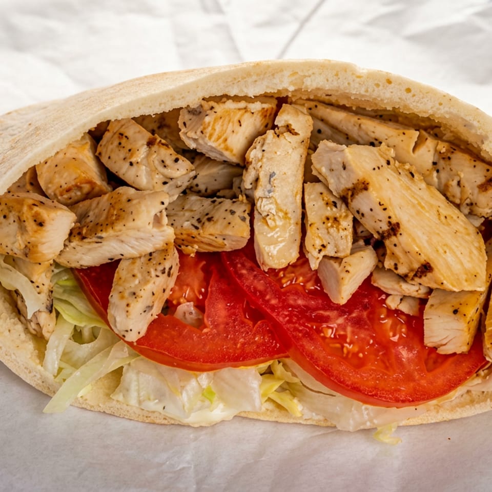 Grilled chicken pita sandwich filled with lettuce and sliced tomatoes on white wrapping paper.