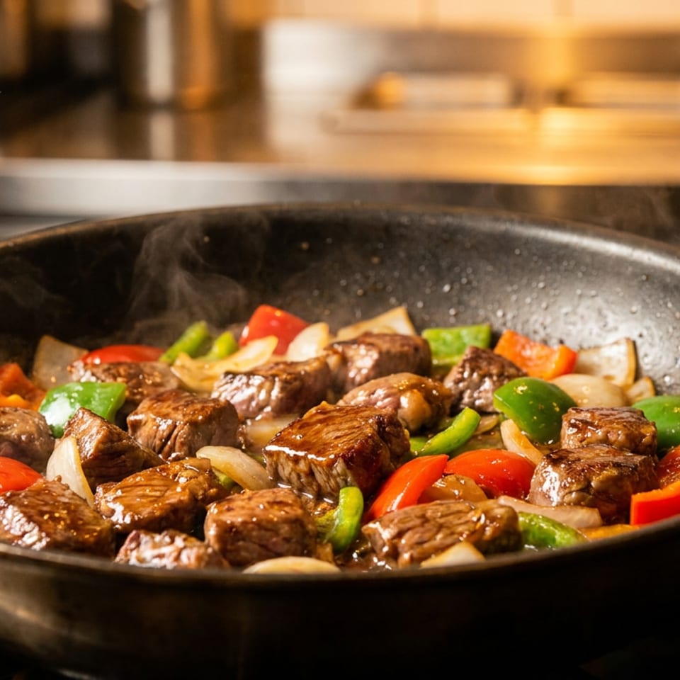 Steaming skillet of glazed beef chunks sautéed with red and green peppers and onions on a restaurant stovetop.