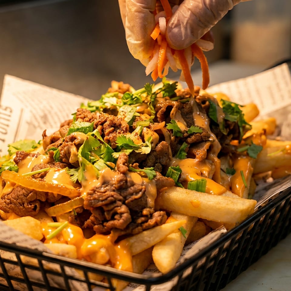 Loaded fries topped with grilled beef, cheese sauce, herbs, and pickled vegetables in a basket at Saigon Baguette.