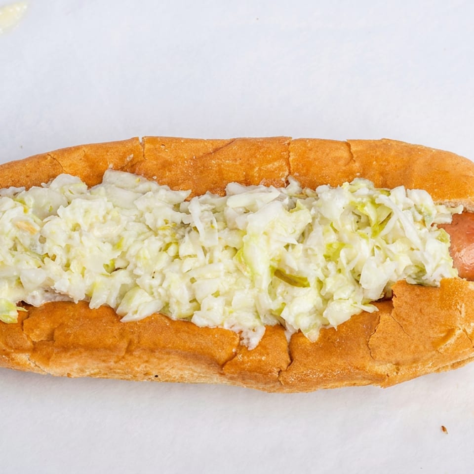 Hot dog topped with creamy shredded cabbage slaw in a toasted split bun.