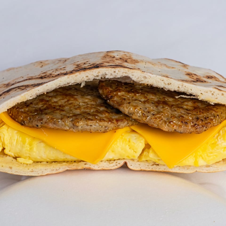 Grilled flatbread sandwich filled with scrambled eggs, melted cheddar cheese, and two seasoned sausage patties.
